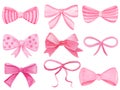 Watercolor pink bows set isolated on white background