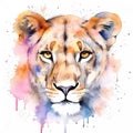 Watercolor pink brown lioness portrait painting. Realistic wild animal illustration on white background. Created with Generative