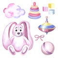 Watercolor pink bunny with baby toys colorful pyramid and spinning top, pink cloud Set of hand painted illustrations