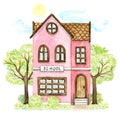 Watercolor pink cartoon school building surrounded landscape Royalty Free Stock Photo