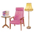 Watercolor pink chair, book table with a stack of books and a lamp Royalty Free Stock Photo