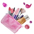 Watercolor pink cosmetics bag with make up artist objects lipstick, eye shadows, eyeliner, concealer, nail polish, mascara