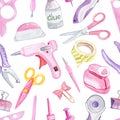 Watercolor pink craft tools seamless pattern on white background. For fabric, wrapping, scrapbooking