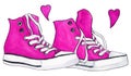 Watercolor pink crimson sneakers pair shoes hearts love vector