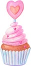 Watercolor pink cupcake with a heart. Watercolour illustration