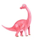 Watercolor pink dinosaur illustration, cute brontosaurus isolated on white for baby nursery decoration, clothing, print