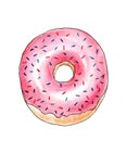 Watercolor pink donut with colorful sprinkles, hand drawn illustration in sketch style