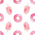 Watercolor pink donuts and ice cream seamless pattern on white background Royalty Free Stock Photo