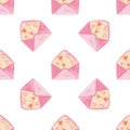 Watercolor pink envelopes seamless pattern on white