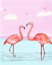 Watercolor pink flamingo on a pink background in water