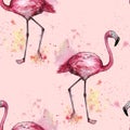 Watercolor pink flamingo seamless pattern in watercolor splashes. Romantic flamingo pattern for the design of wallpaper, fabric,