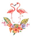 Watercolor pink flamingo and tropical flowers Royalty Free Stock Photo