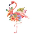 Watercolor pink flamingo and tropical flowers