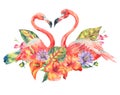 Watercolor pink flamingo and tropical flowers Royalty Free Stock Photo