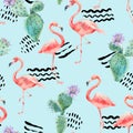 Watercolor pink flamingo and tropical flowers seamless pattern Royalty Free Stock Photo