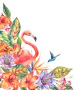 Watercolor pink flamingo and tropical flowers Royalty Free Stock Photo
