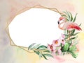 Watercolor pink flamingo, tropical leaves and flowers frame isolated illustration Royalty Free Stock Photo