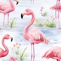 Watercolor pink flamingos seamless repeatable pattern Royalty Free Stock Photo