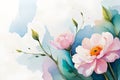 watercolor pink flower and green leaves on the isolated background, ai art