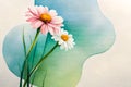 watercolor pink flower and green leaves on the isolated background, ai art