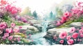 Watercolor Pink Flower And Waterfall Scenery: Dreamlike Illustrations By Eric Carle