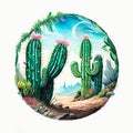 Watercolor with Pink-flowered cacti grow in the desert