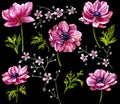 Watercolor Pink Flowers on black.