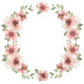 Watercolor pink flowers and greenery frame, garden florals bouquet illustration, wreath clipart Royalty Free Stock Photo