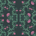 Watercolor pink flowers on intertwining branches. Floral ornamentation. Seamless pattern on green background Royalty Free Stock Photo