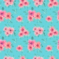 Watercolor pink flowers with leaves on a light turquoise background. Seamless blooming pattern for the design of banners