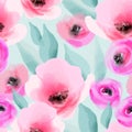 Watercolor pink flowers and leaves seamless pattern