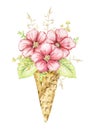 Watercolor pink flowers in waffle cone