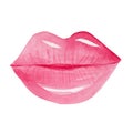 Watercolor pink girl kiss lips isolated on white background