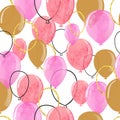 Watercolor pink and glittering gold balloons seamless pattern.