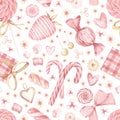 Watercolor pink and gold seamless pattern with elements for Valentine's day. Sweets, hearts, jewellery, bows