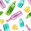 Watercolor Pink, Green. Yellow And Blue Bottles Seamless Pattern