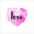 Watercolor pink heart with inscription Love in hand-writing style.