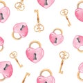 Watercolor pink heart lock and golden key seamless pattern on white background Royalty Free Stock Photo