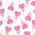 Watercolor pink heart lollipops seamless pattern on white background