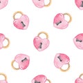 Watercolor pink heart padlocks seamless pattern on white Royalty Free Stock Photo
