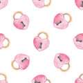 Watercolor pink heart padlocks seamless pattern on white Royalty Free Stock Photo