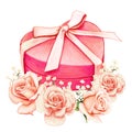 Watercolor pink heart shaped gift box and peach roses