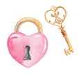 Watercolor pink heart shaped padlock and golden key isolated on white background Royalty Free Stock Photo