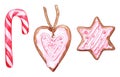 Watercolor pink heart shaped six-pointed star ginger biscuit candy cane lollipop isolated vector set