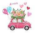 Watercolor pink holiday car with roses and peonies floral bouquet, air balloons and heart, isolated. Valentines day Royalty Free Stock Photo