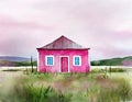 Watercolor of Pink house in the middle of nowhere