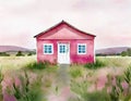 Watercolor of Pink house in the middle of nowhere