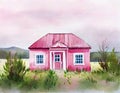 Watercolor of Pink house in the middle of nowhere