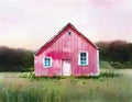 Watercolor of Pink house in the middle of nowhere