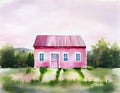 Watercolor of Pink house in the middle of nowhere